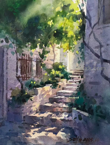 《台阶上的阳光》水彩画步骤分析